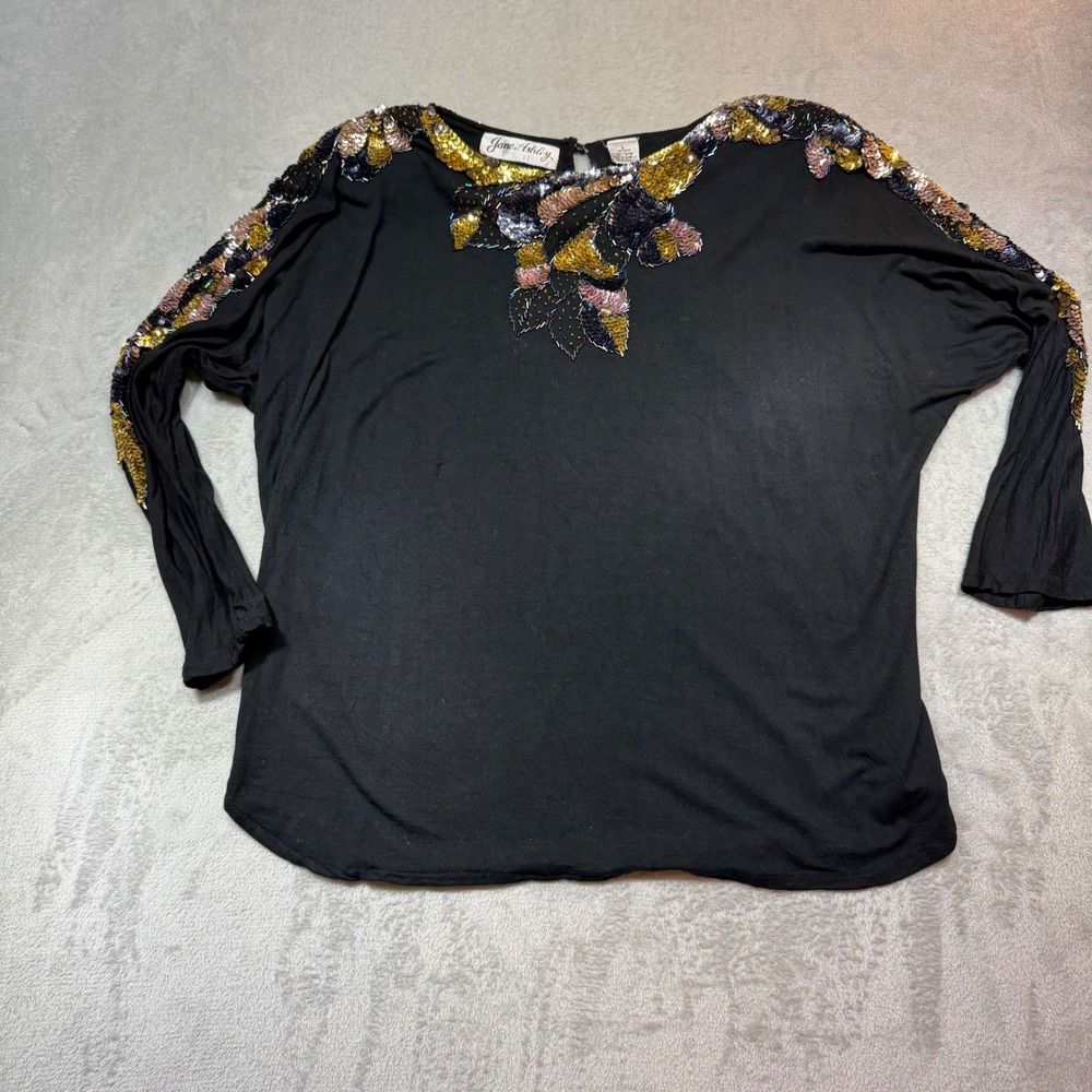 Vintage 90s Jane Ashley Black Sequin Beaded Rayon Blouse Relaxed Fit Top‎ Large